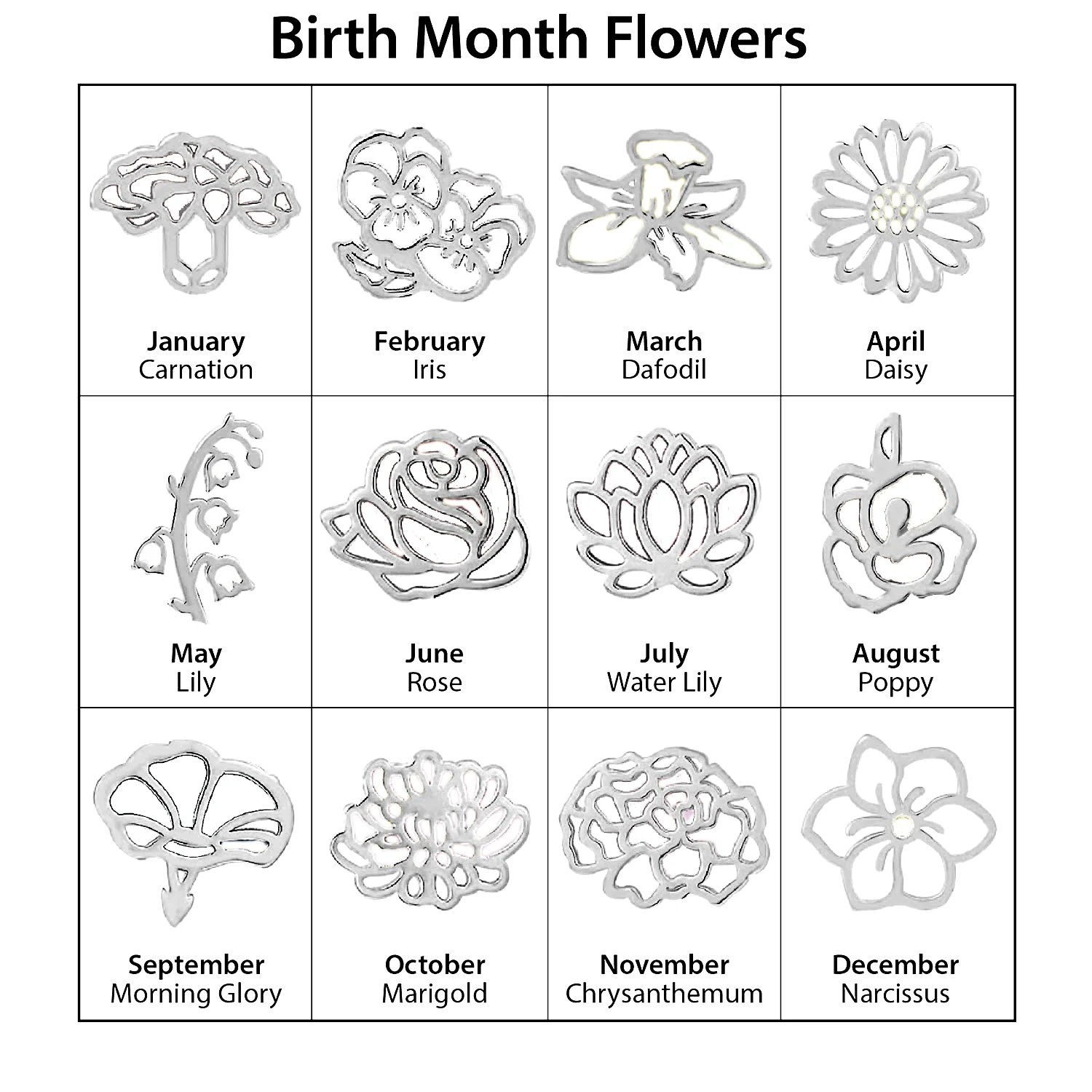 Silvertone and Stainless Steel Script Name and Birth Month Flower Keychain - Image 4