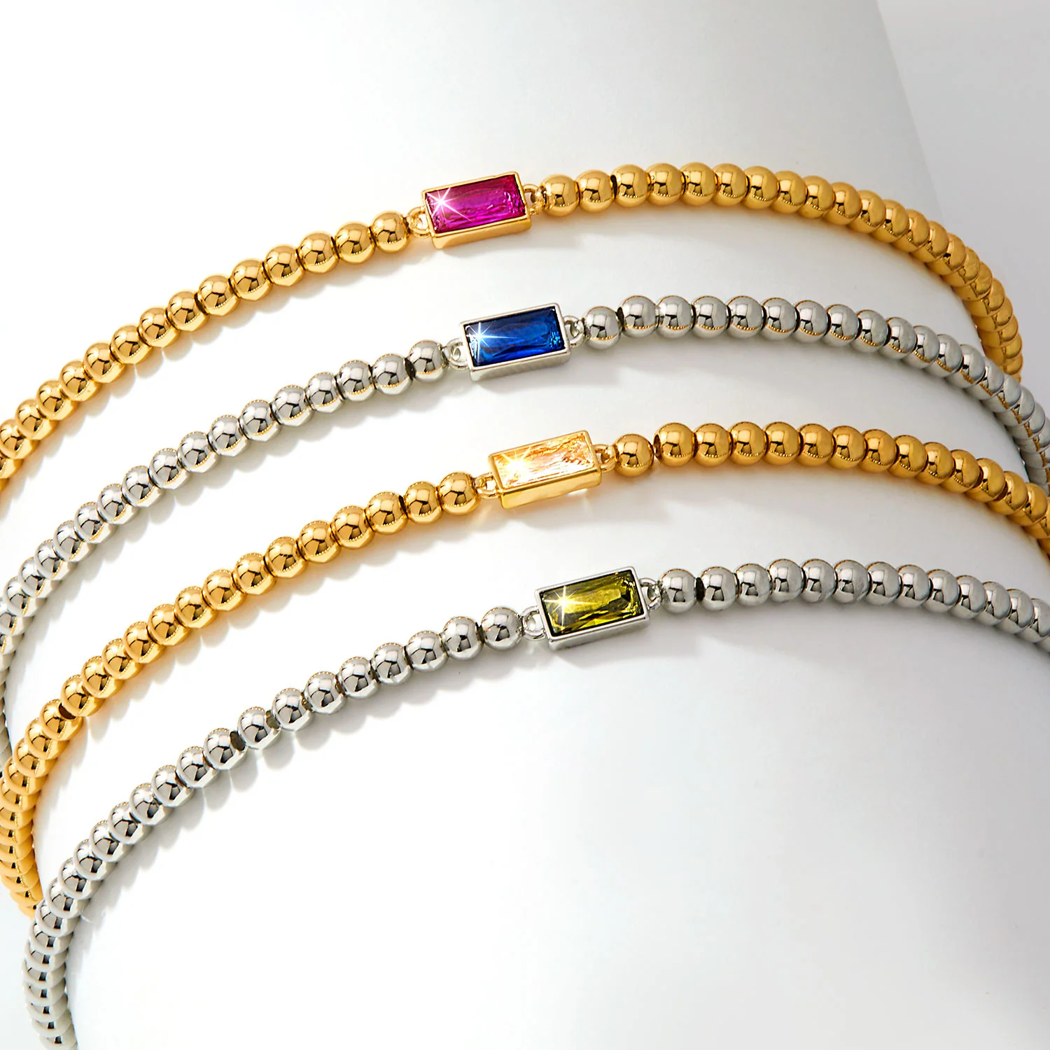 Silvertone Baguette Crystal Beaded Stretch Bracelet - Image 3