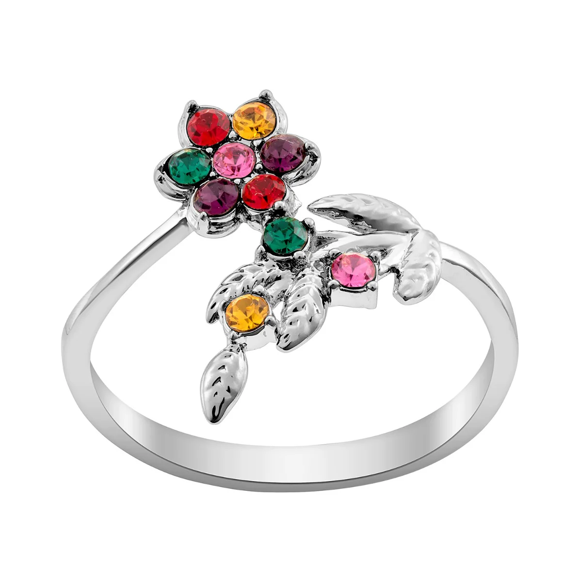 Silver Plated Birthstone Flower Bypass Ring