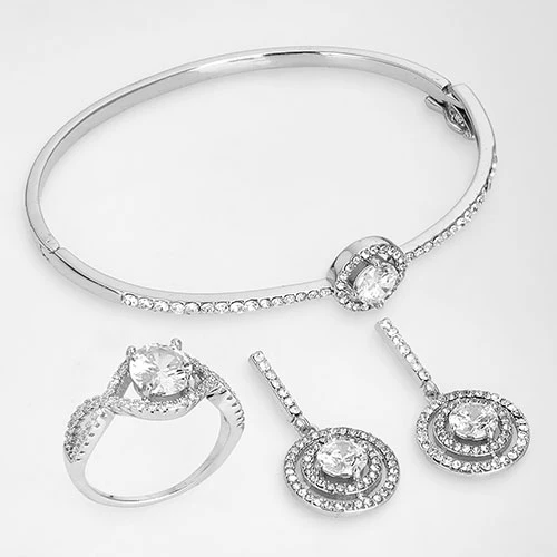 Silvertone CZ Dangle Earrings,  Ring, and Cuff Bracelet Set