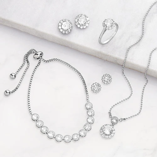 Silvertone CZ Halo Earring, Necklace, Bracelet and Ring Set - Image 2