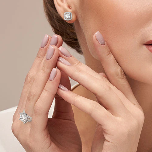 Silvertone CZ Halo Stud Earrings, Hoop and Ring Set - Image 2