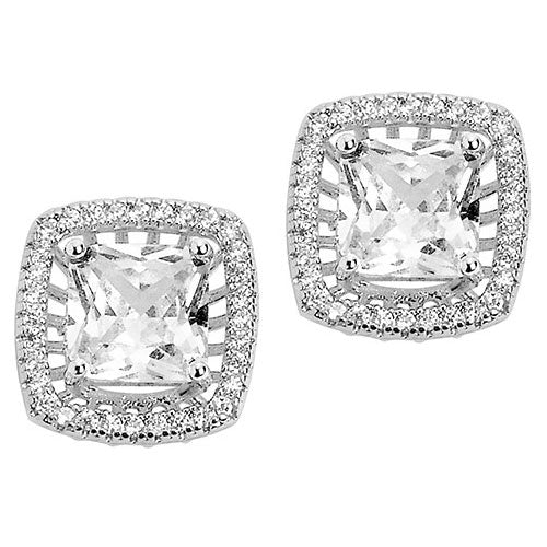 Silvertone CZ Halo Stud Earrings, Hoop and Ring Set - Image 3