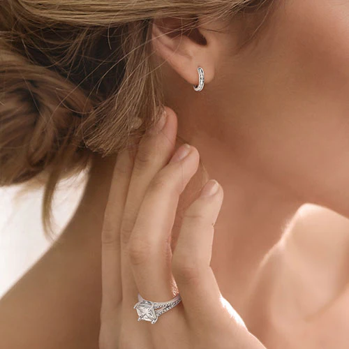 Silvertone CZ Halo Stud Earrings, Hoop and Ring Set - Image 4