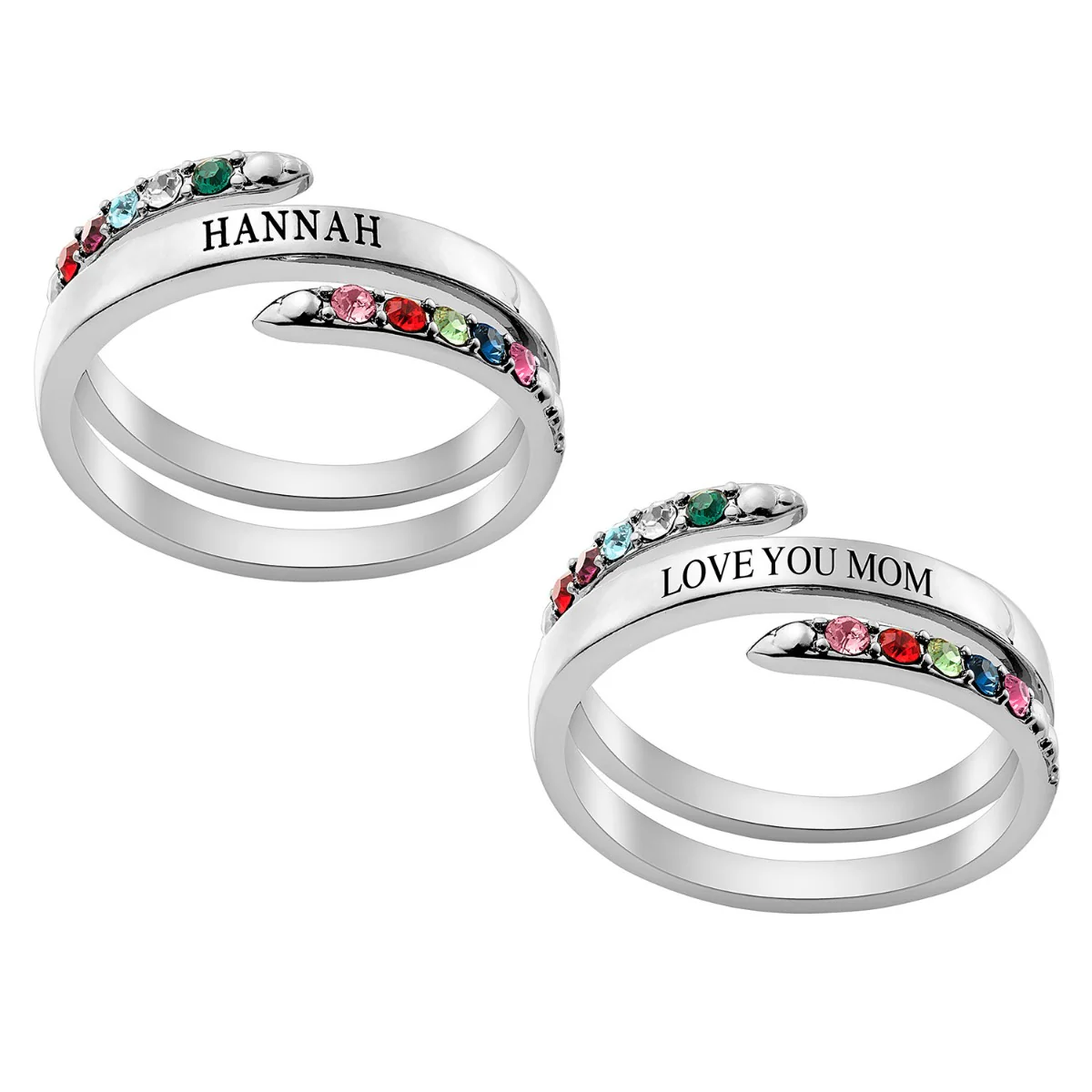 Silver Plated Engraved Family Birthstone Bypass Ring - Image 2