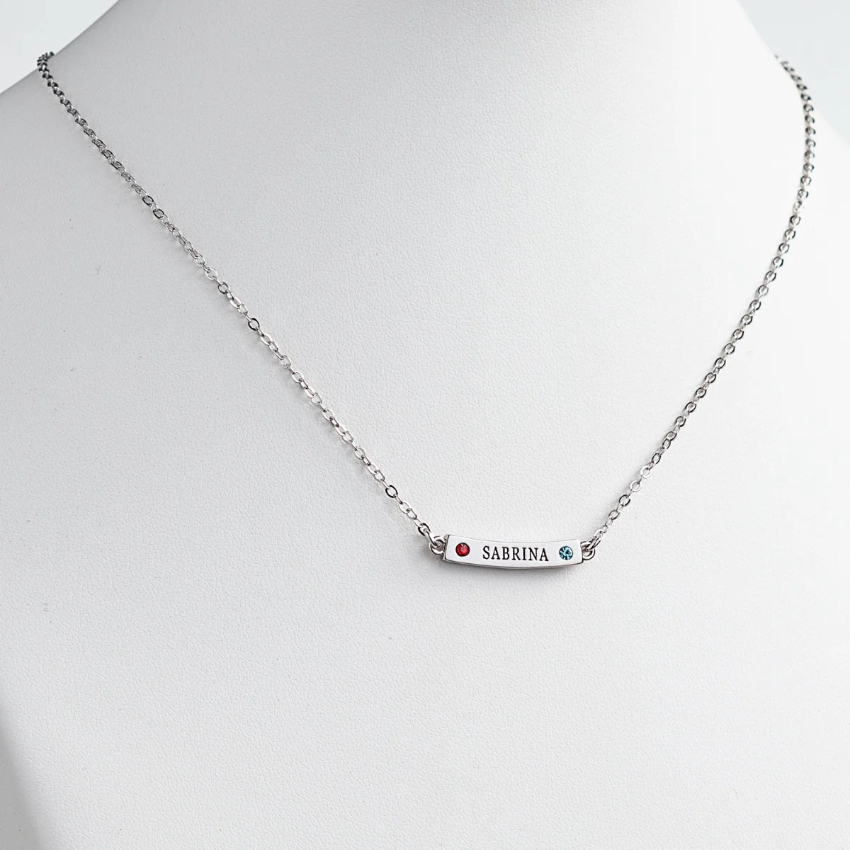 Silver Plated Engraved Name and Birthstone Curved Bar Necklace - Image 2