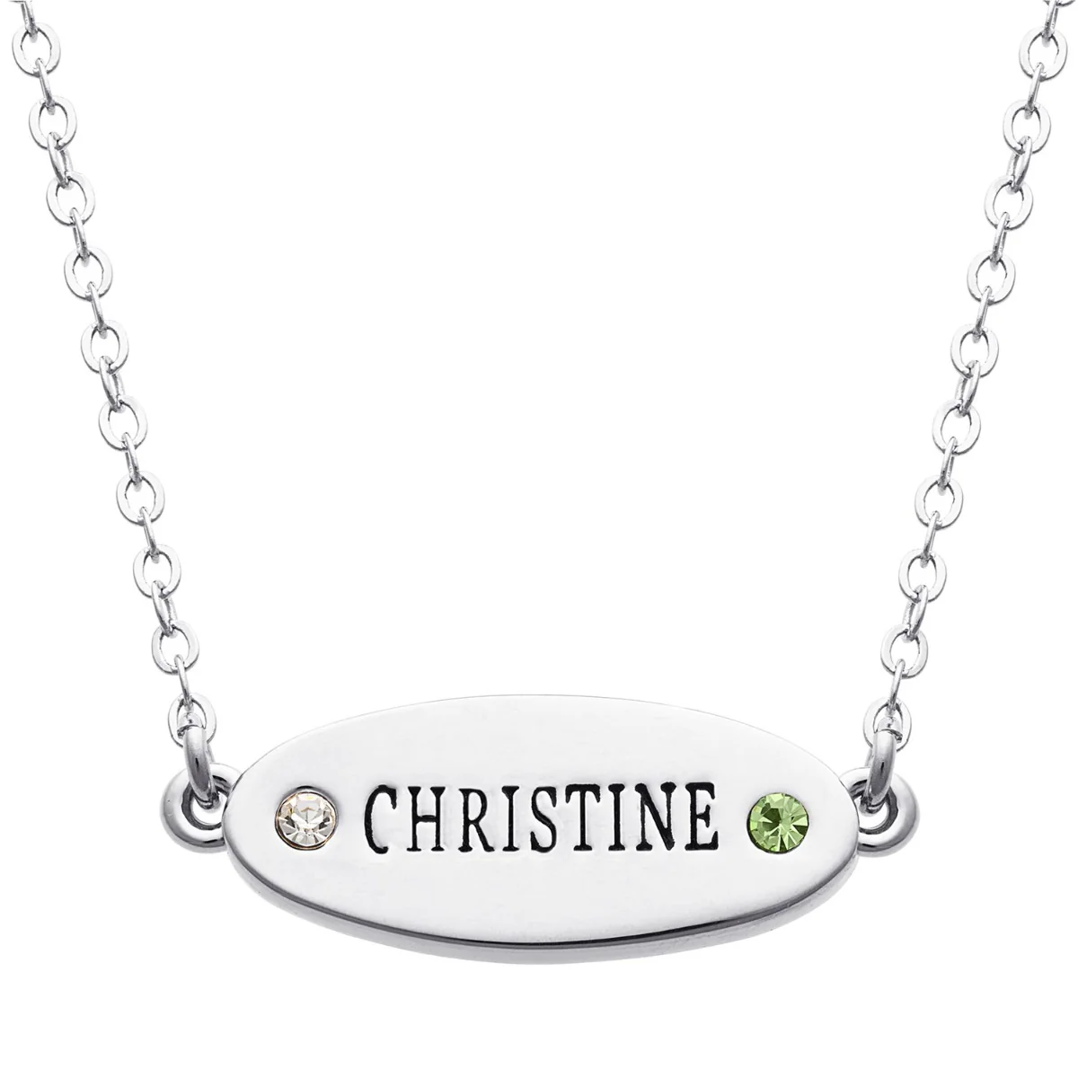 Silver Plated Engraved Name and Birthstone Oval Plaque Necklace