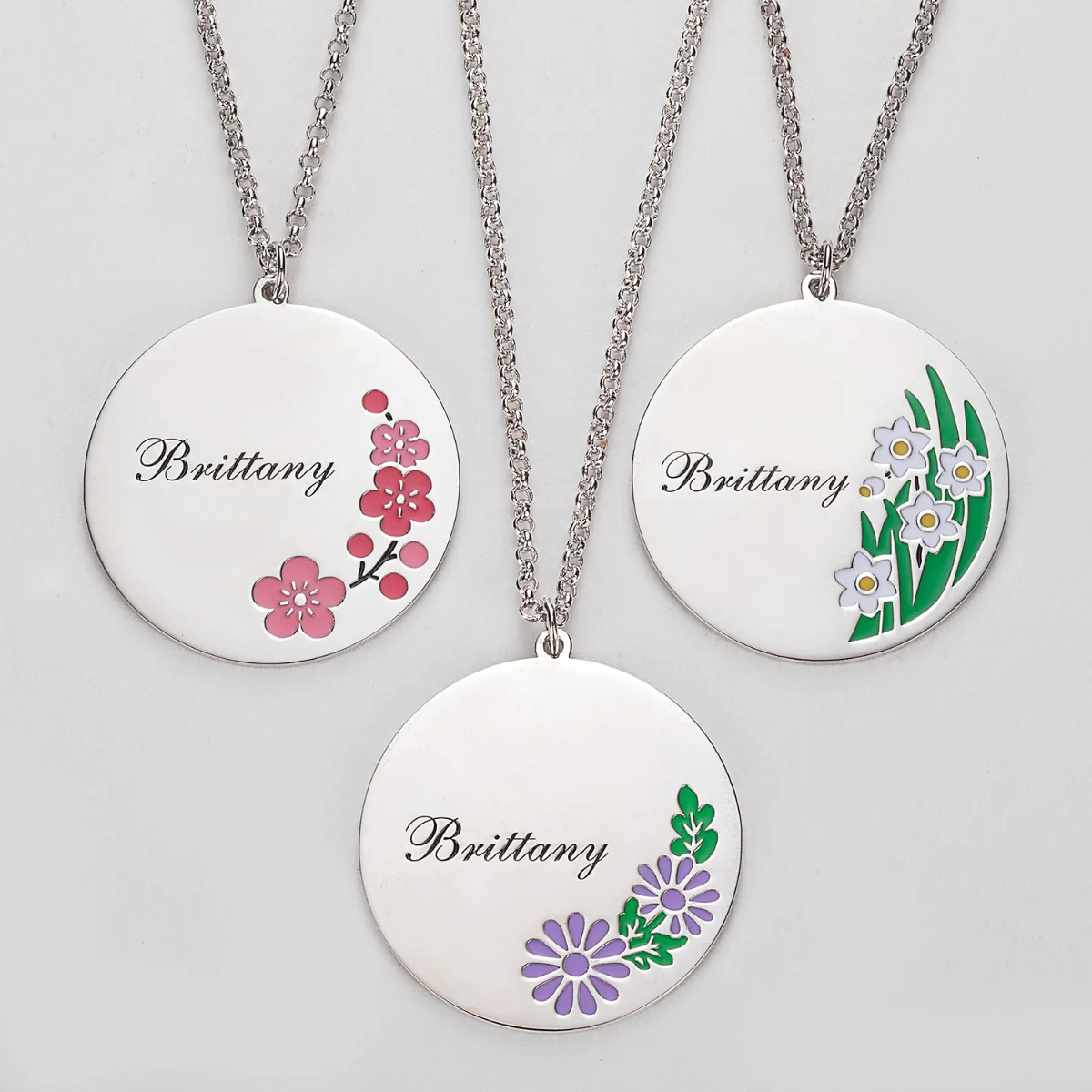 Silver Plated Engraved Name and Enamel Birth Flower Necklace