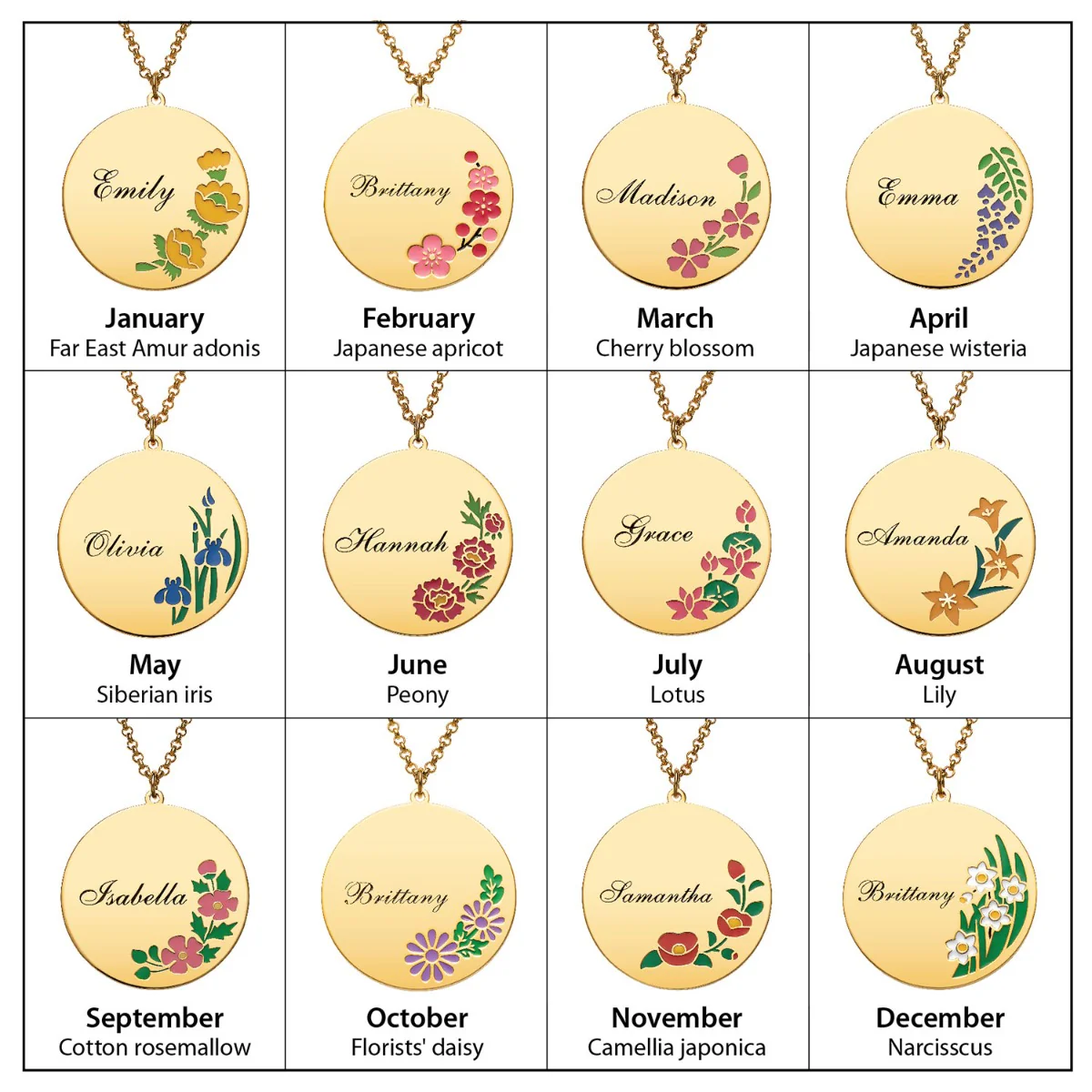 Silver Plated Engraved Name and Enamel Birth Flower Necklace - Image 7