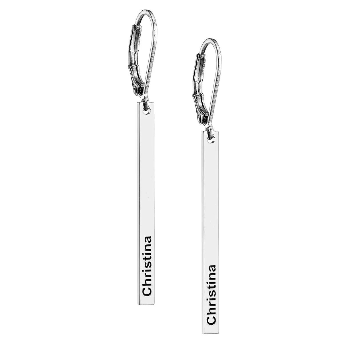 Silver Plated Engraved Name Vertical Bar Leverback Earrings