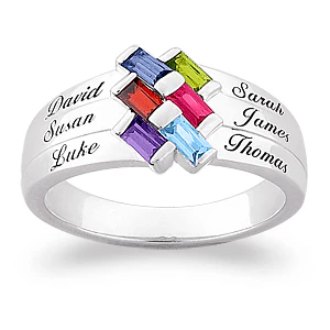 Silver Plated Family Baguette Birthstone and Name Ring