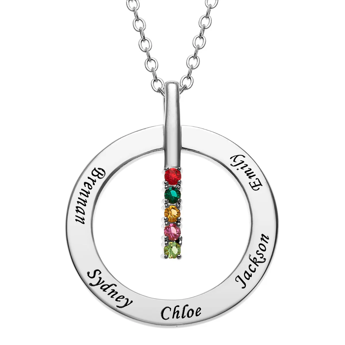 Silver Plated Family Name and Birthstone Circle Necklace