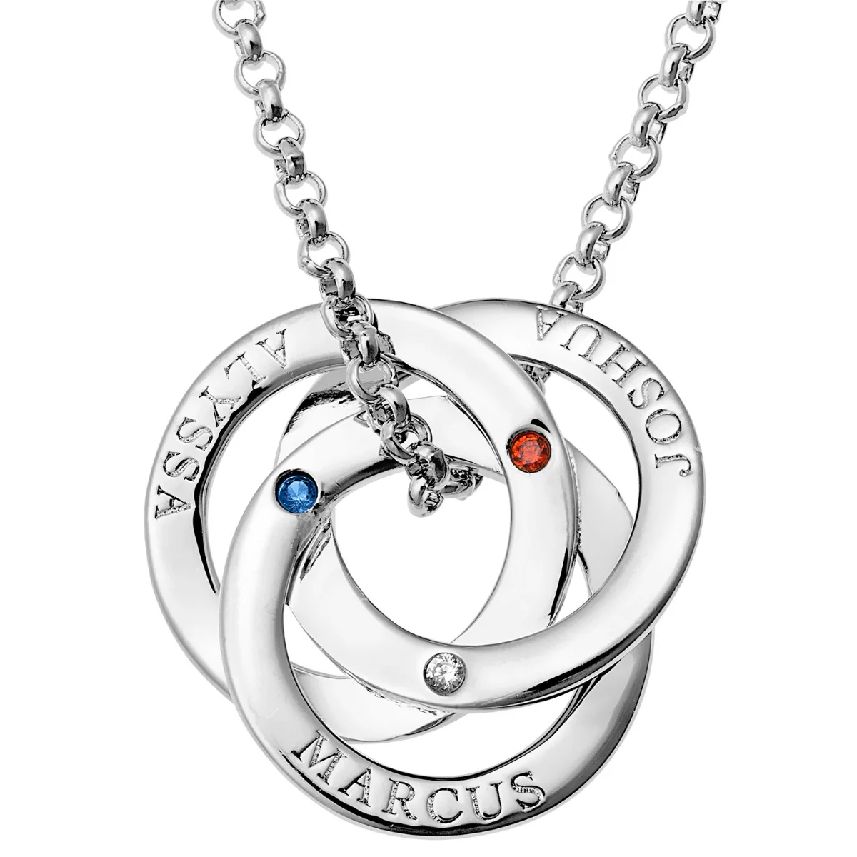 Silver Plated Interlocking Rings with Birthstones Name Necklace - Image 2