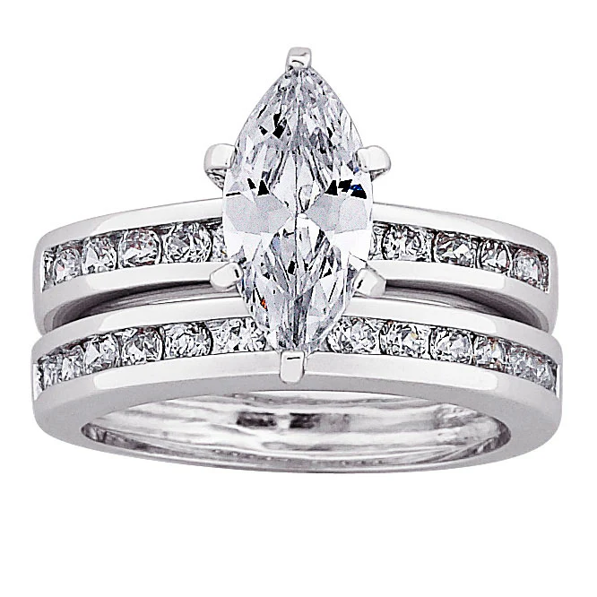 Silver Plated Marquise CZ 2 Piece Wedding Ring Set