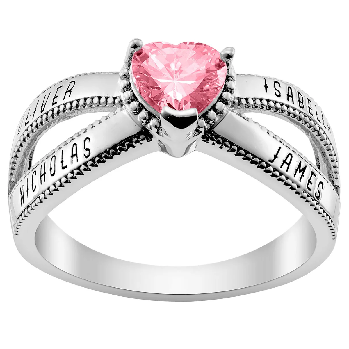 Silver Plated Mother's Heart Birthstone Family Name Ring