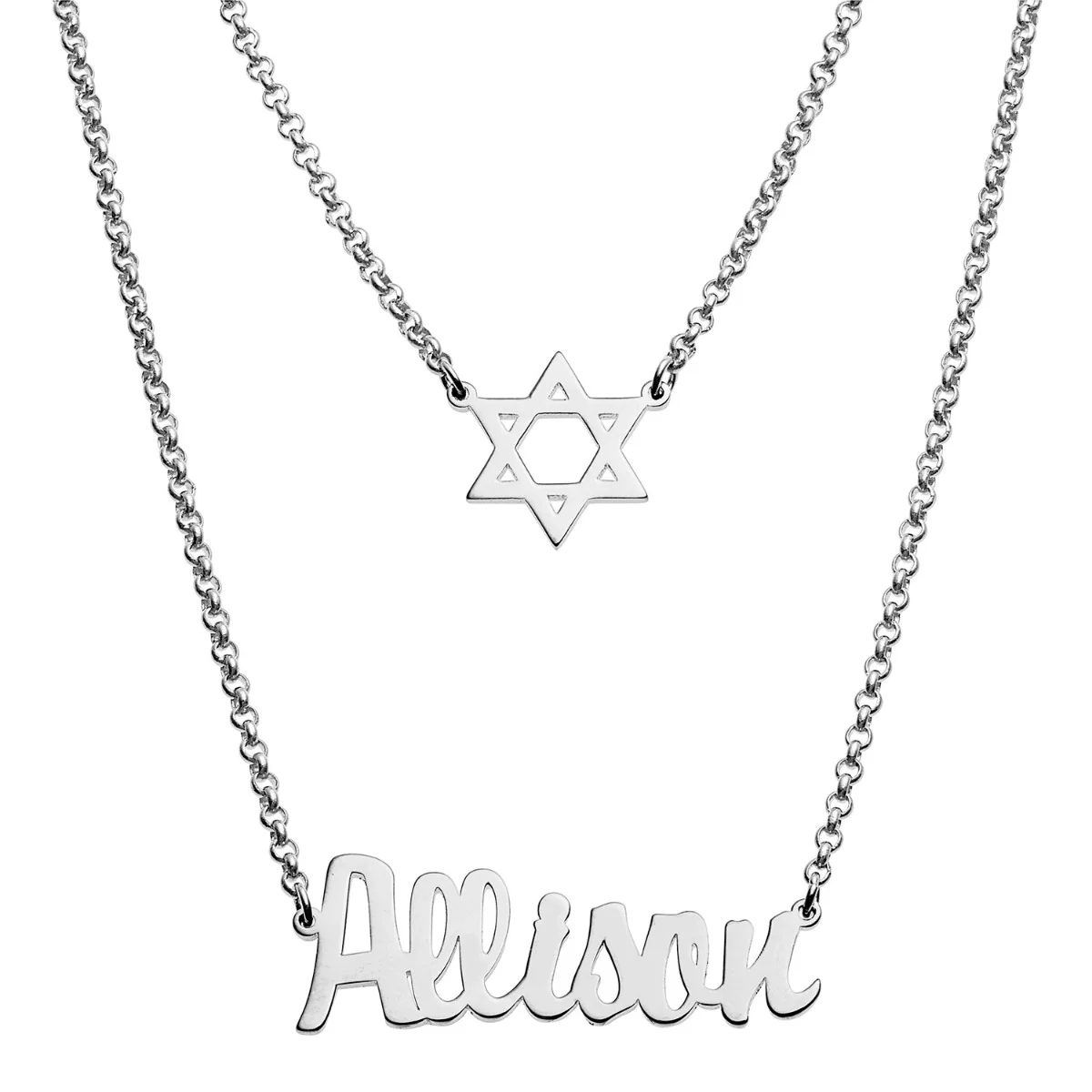 Silver Plated Name and Star of David Layered Double Necklace