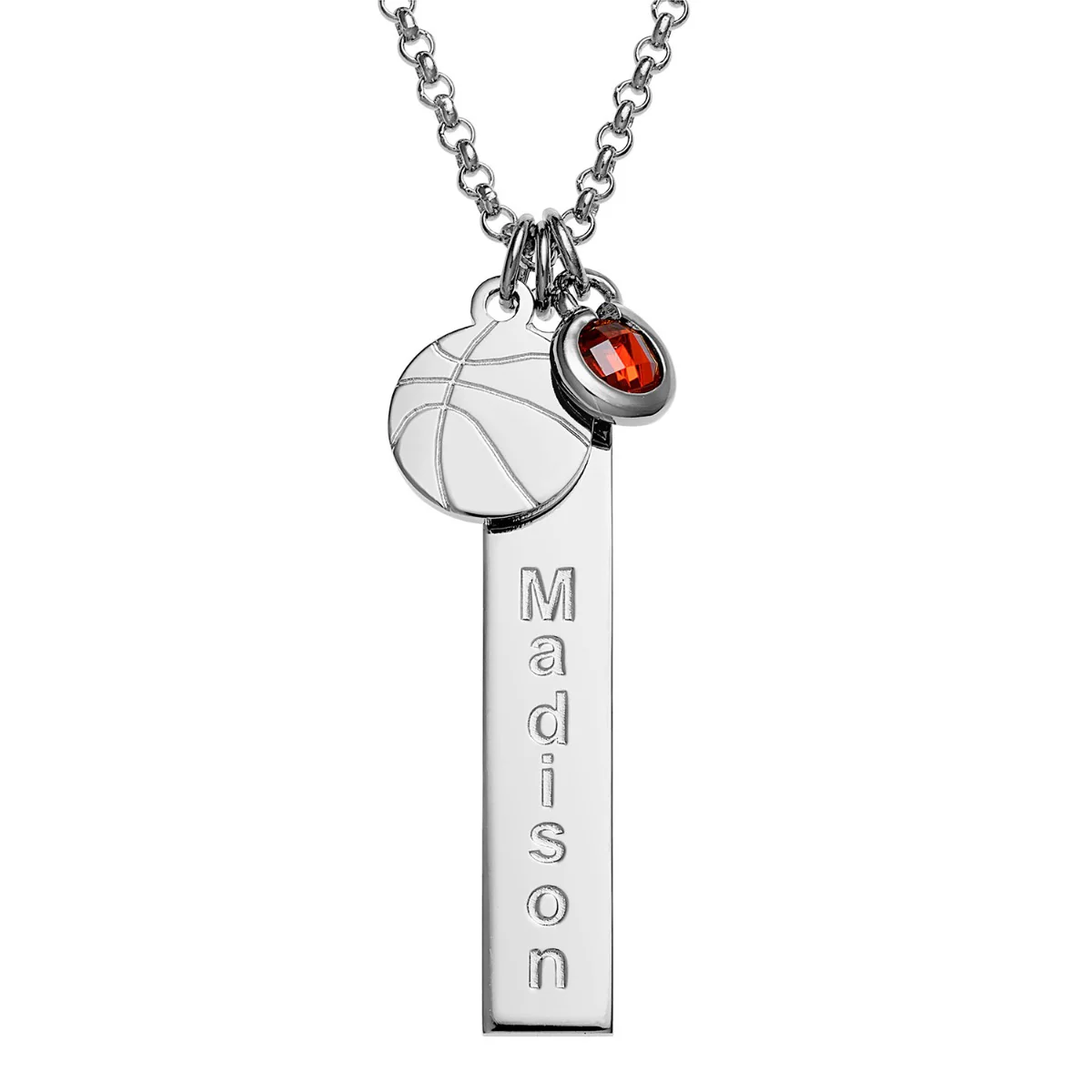 Silver Plated Name Necklace with Basketball Charm and Birthstone Dangle - Image 4