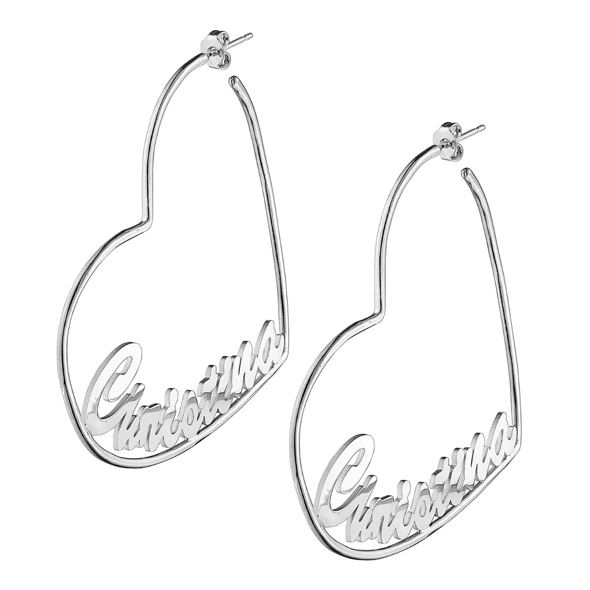 Silver Plated Personalized Script Nameplate Large Heart Hoop Earrings - Image 3