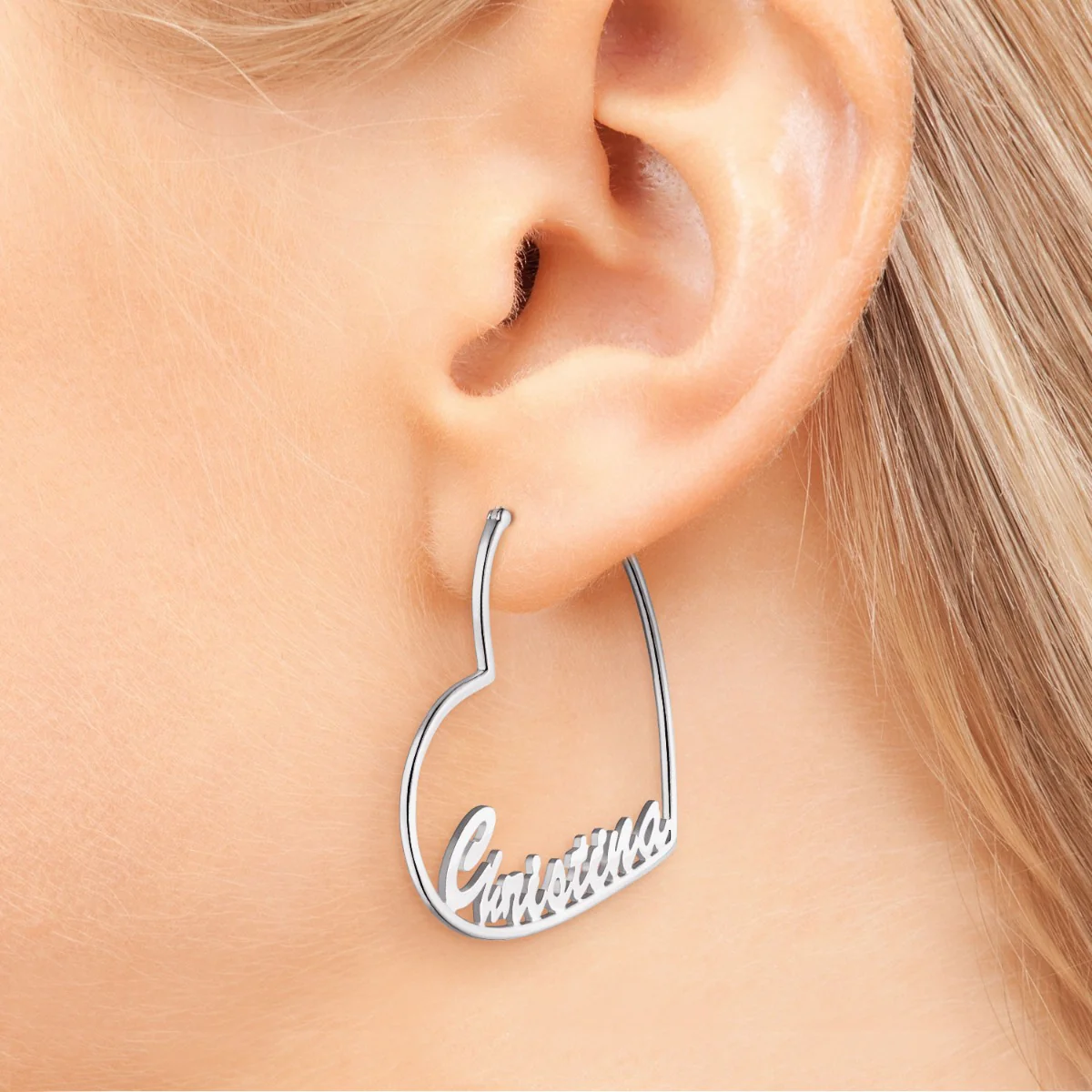 Silver Plated Personalized Script Nameplate Medium Heart Hoop Earrings - Image 3