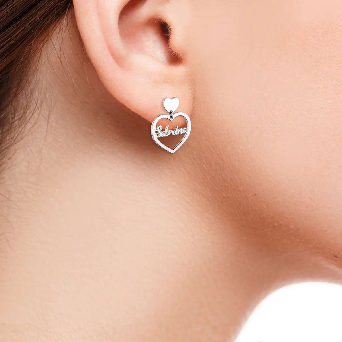 Silver Plated Script Name Double Heart Dangle Earrings - Image 2