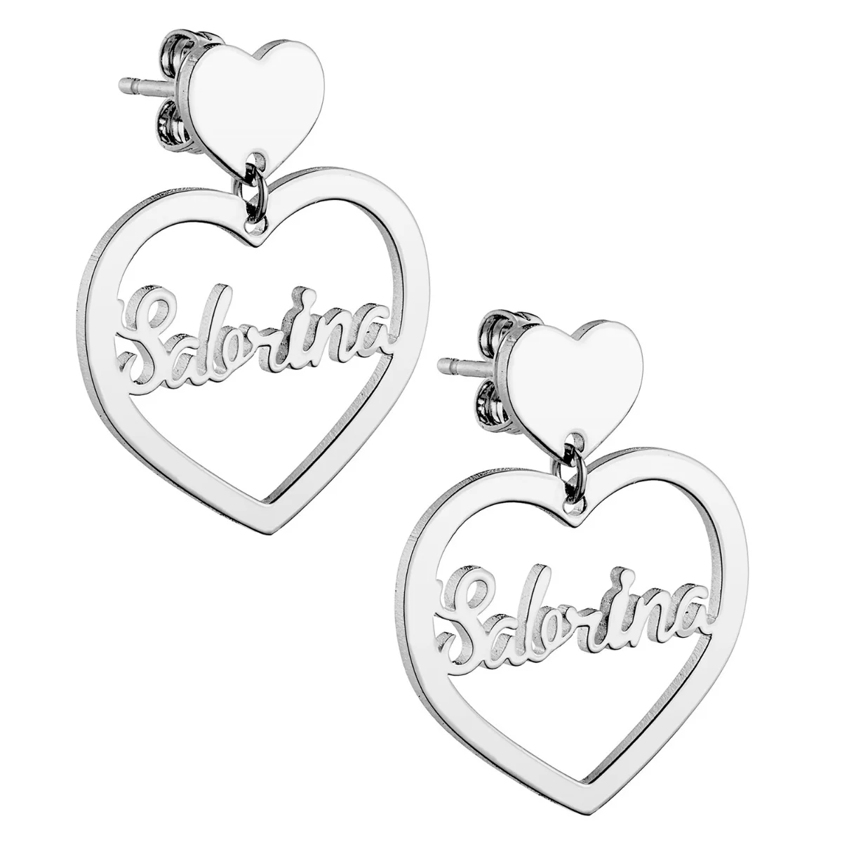 Silver Plated Script Name Double Heart Dangle Earrings - Image 3