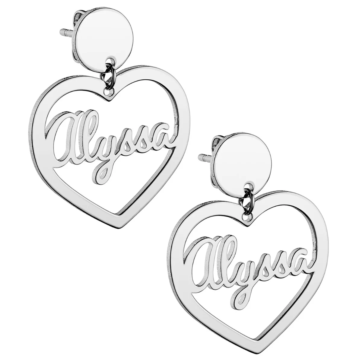 Silver Plated Script Name Heart with Circle Dangle Earrings - Image 3
