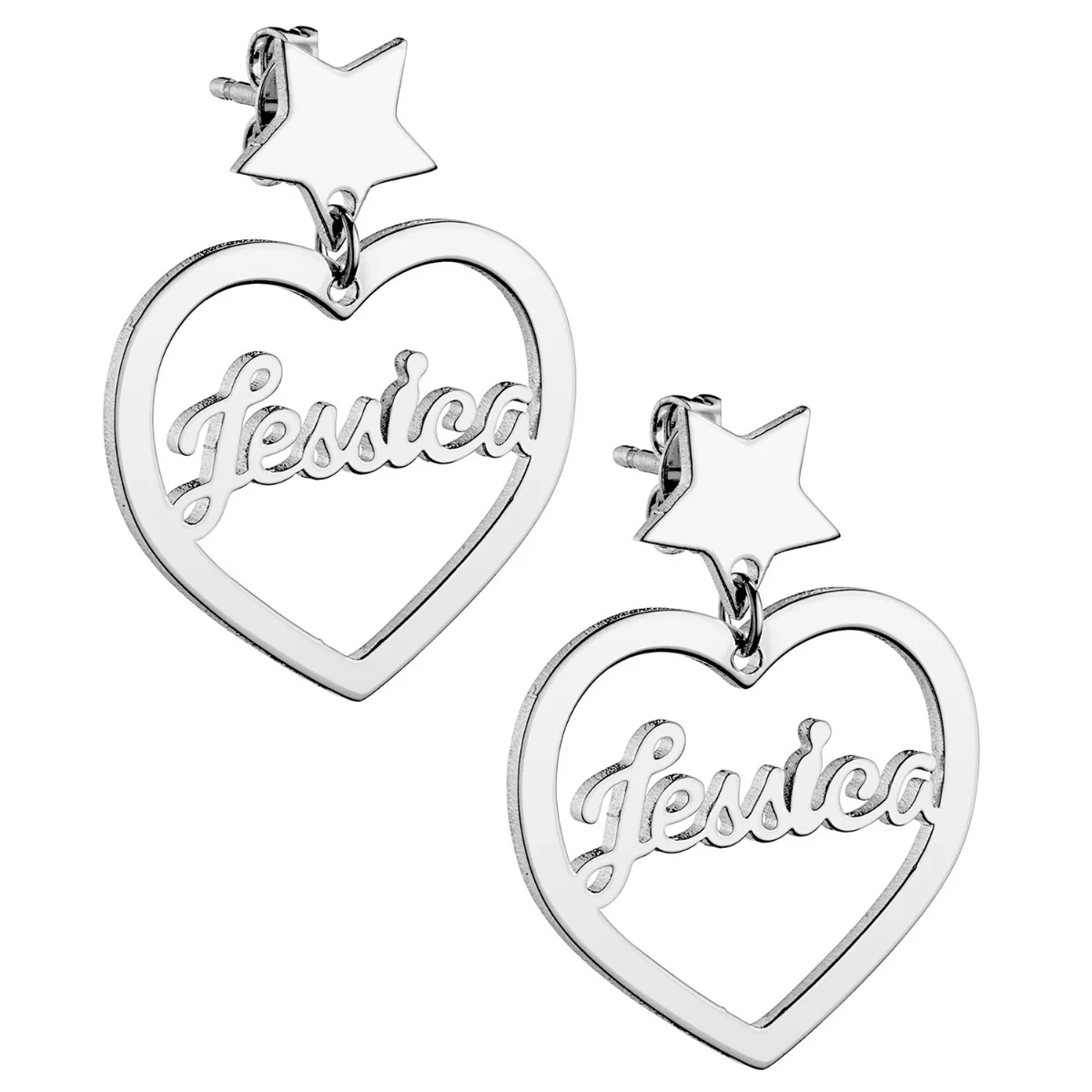 Silver Plated Script Name Heart with Star Dangle Earrings - Image 3