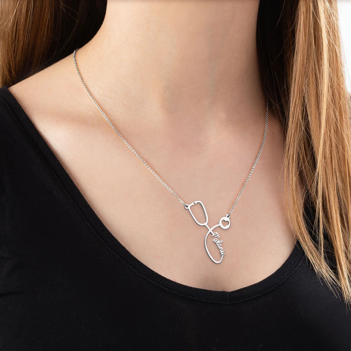 Silver Plated Script Name Stethoscope with Heart Necklace - Image 3