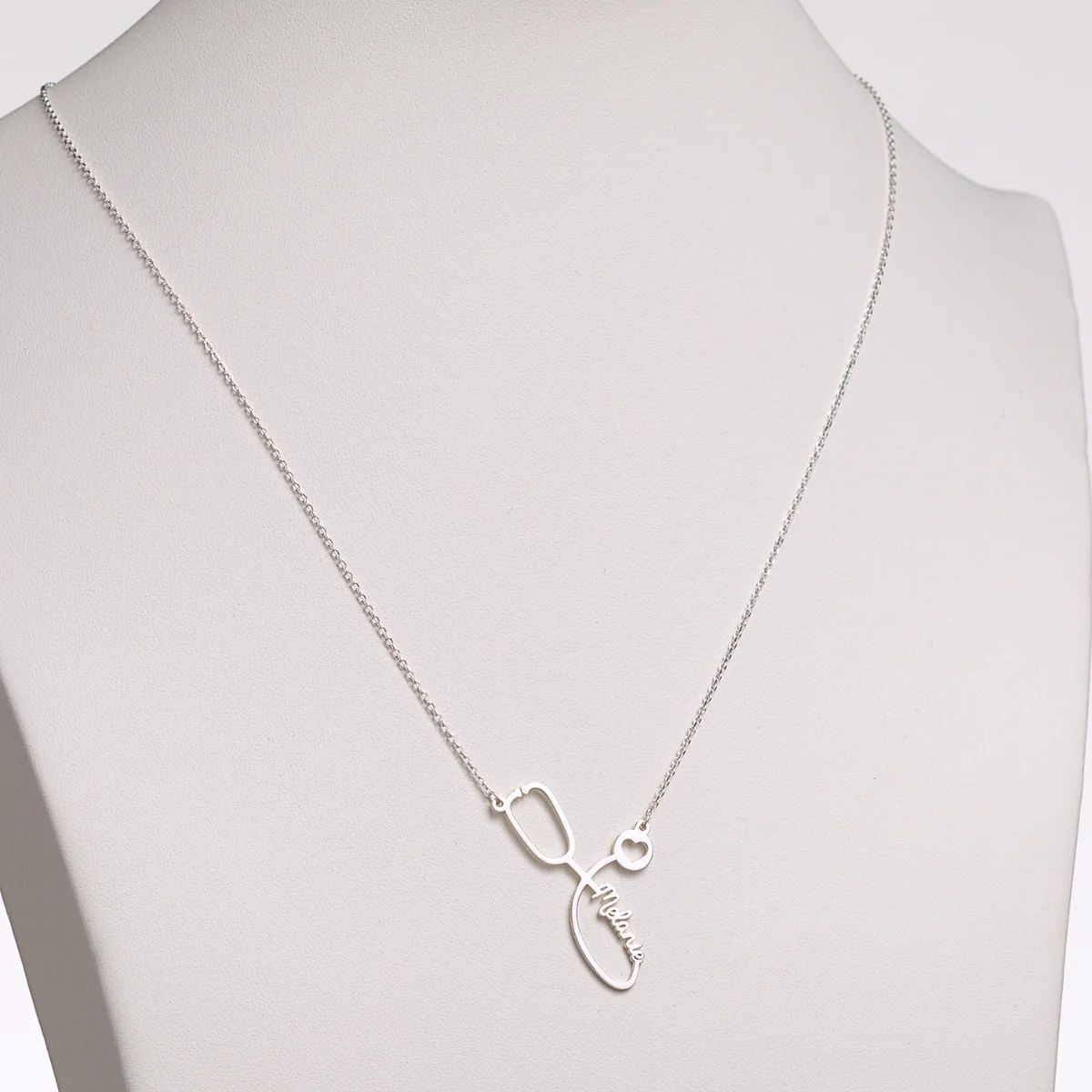 Silver Plated Script Name Stethoscope with Heart Necklace - Image 4