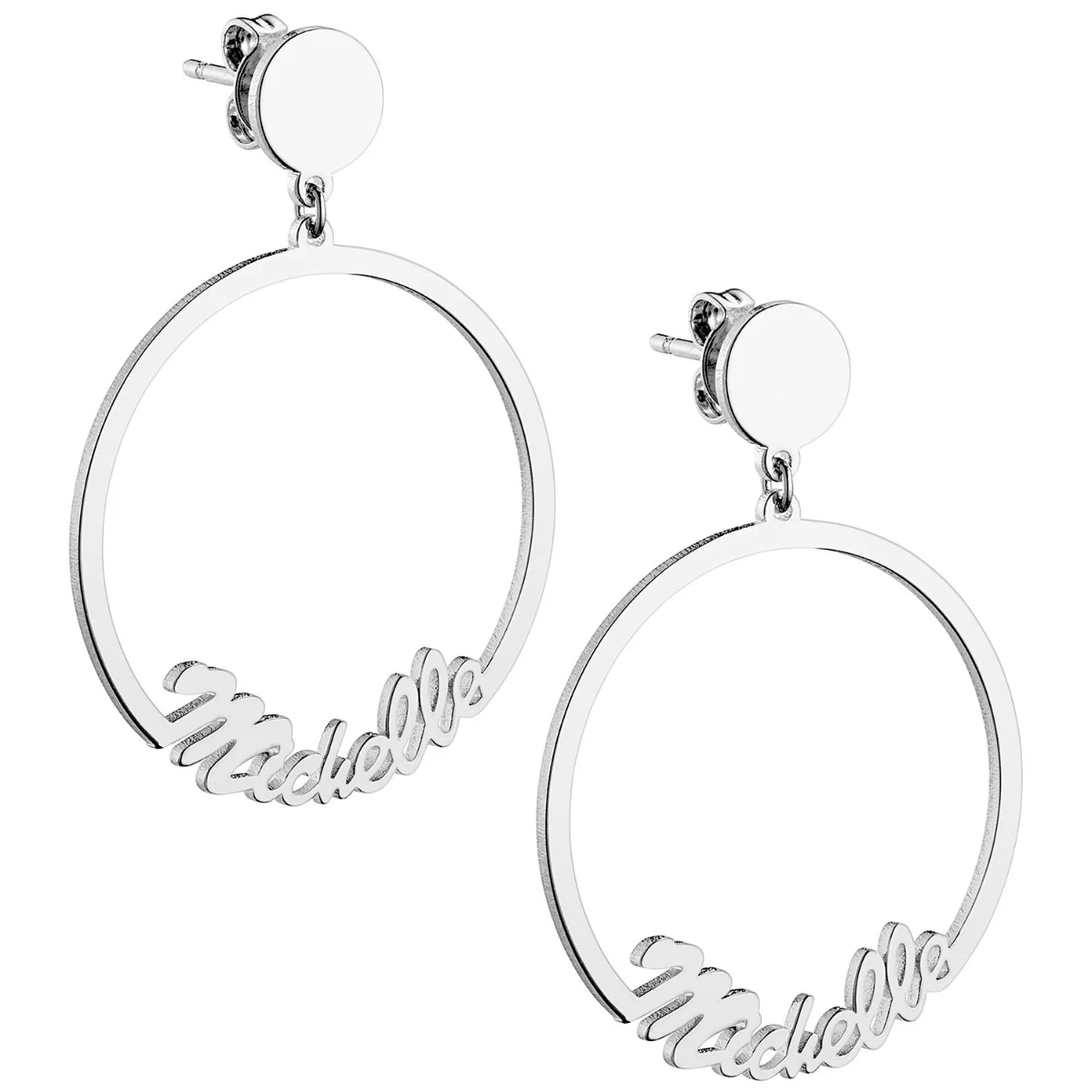 Silver Plated Script Name with Circle Dangle Earrings - Image 3
