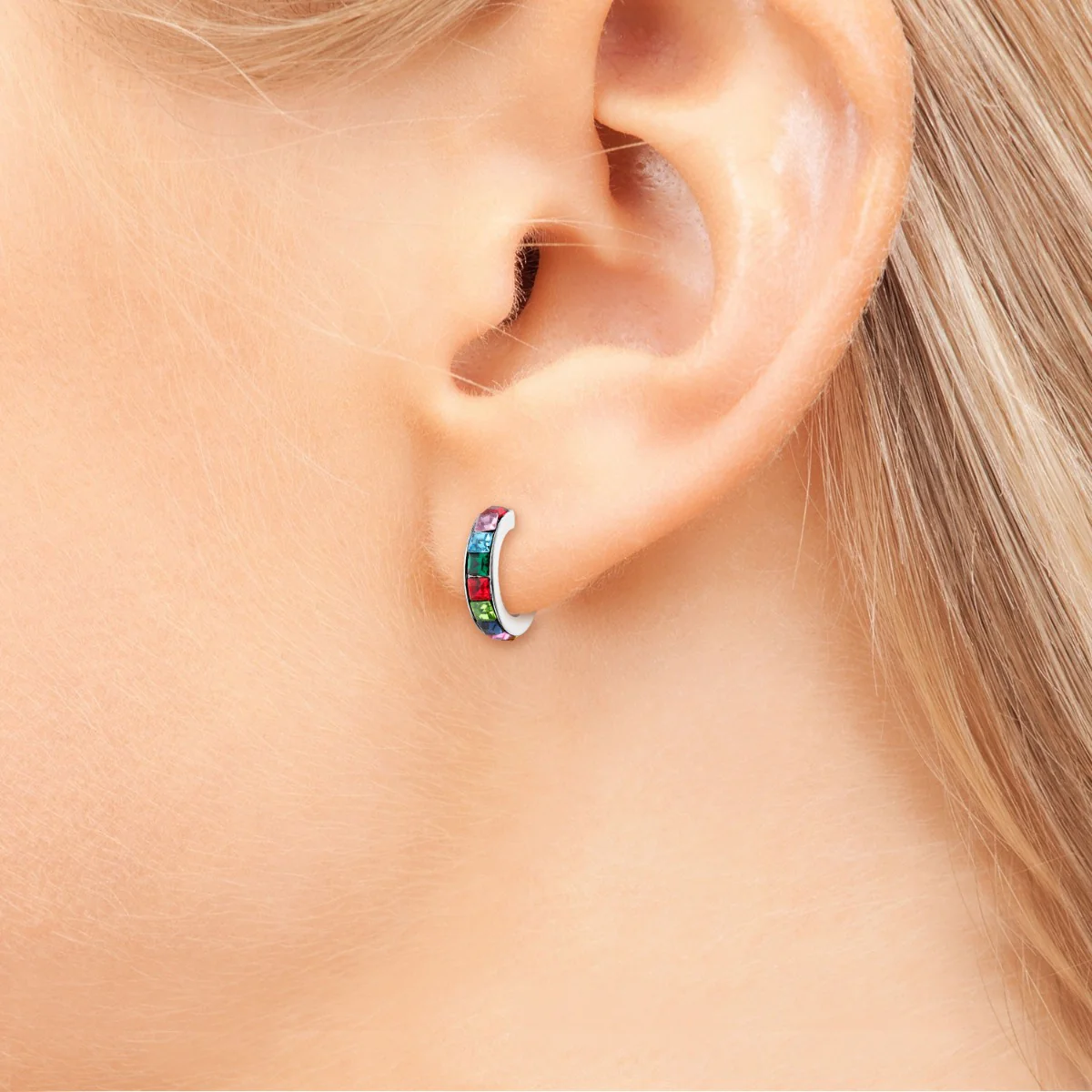 Silver Plated Square Birthstone Huggie Earrings - Image 3