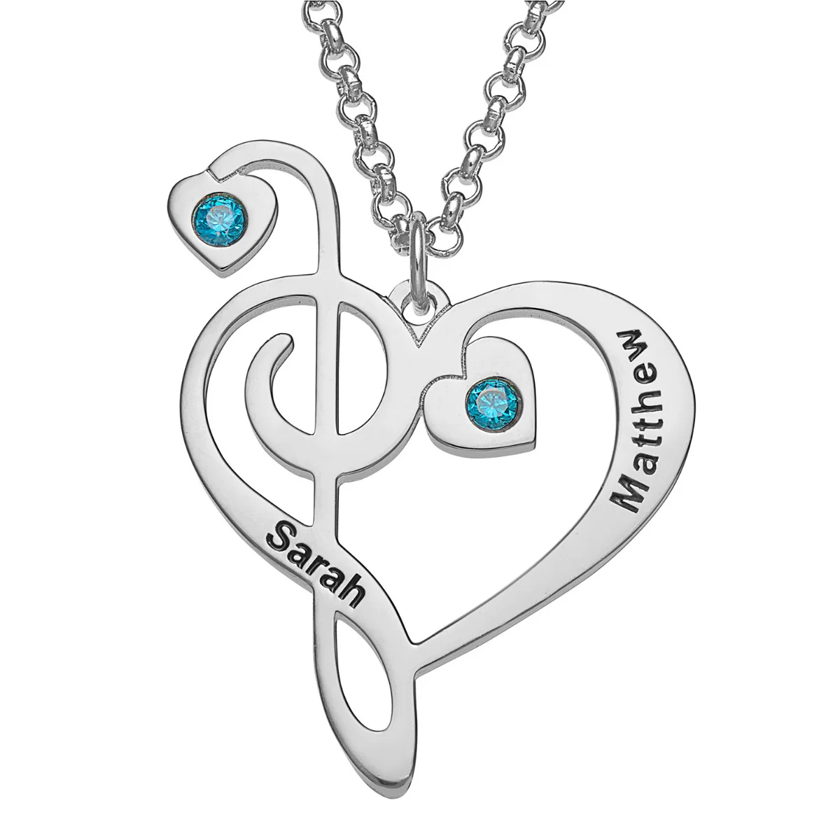 Silver Plated Treble and Bass Clef Couple's Name and Birthstone Necklace - Image 3