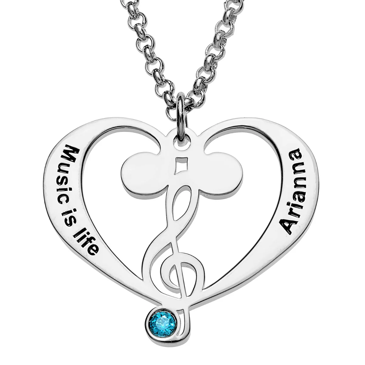 Silver Plated Treble and Bass Clef Heart Name and Birthstone Necklace