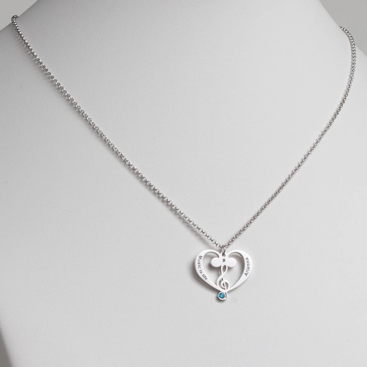 Silver Plated Treble and Bass Clef Heart Name and Birthstone Necklace - Image 2