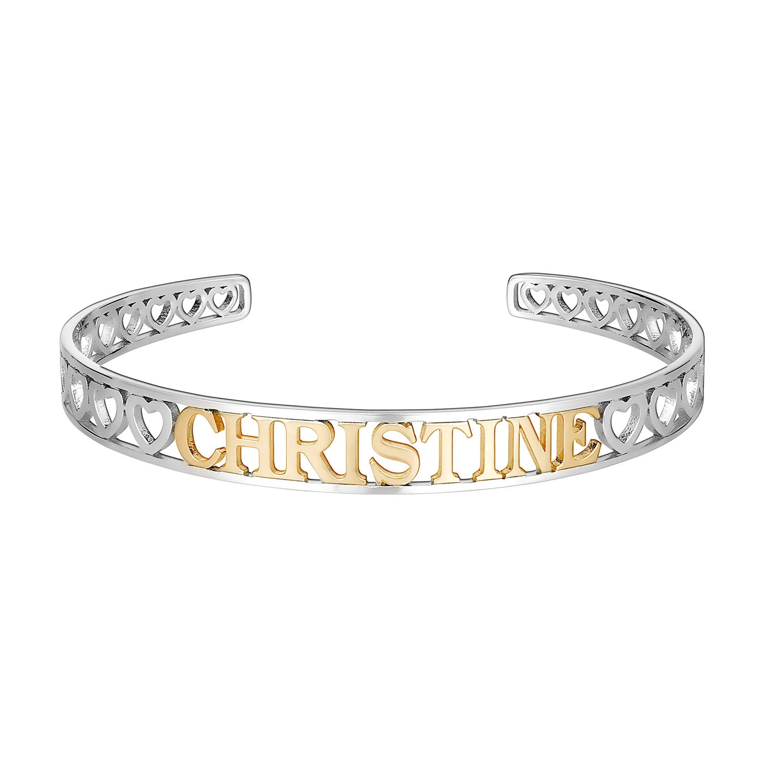 Slim Two-Tone Name with Hearts Cuff Bracelet