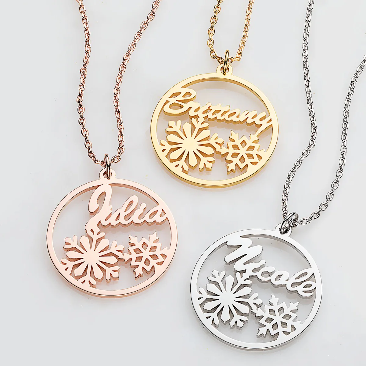 Snowflakes Script Name Disc Necklace