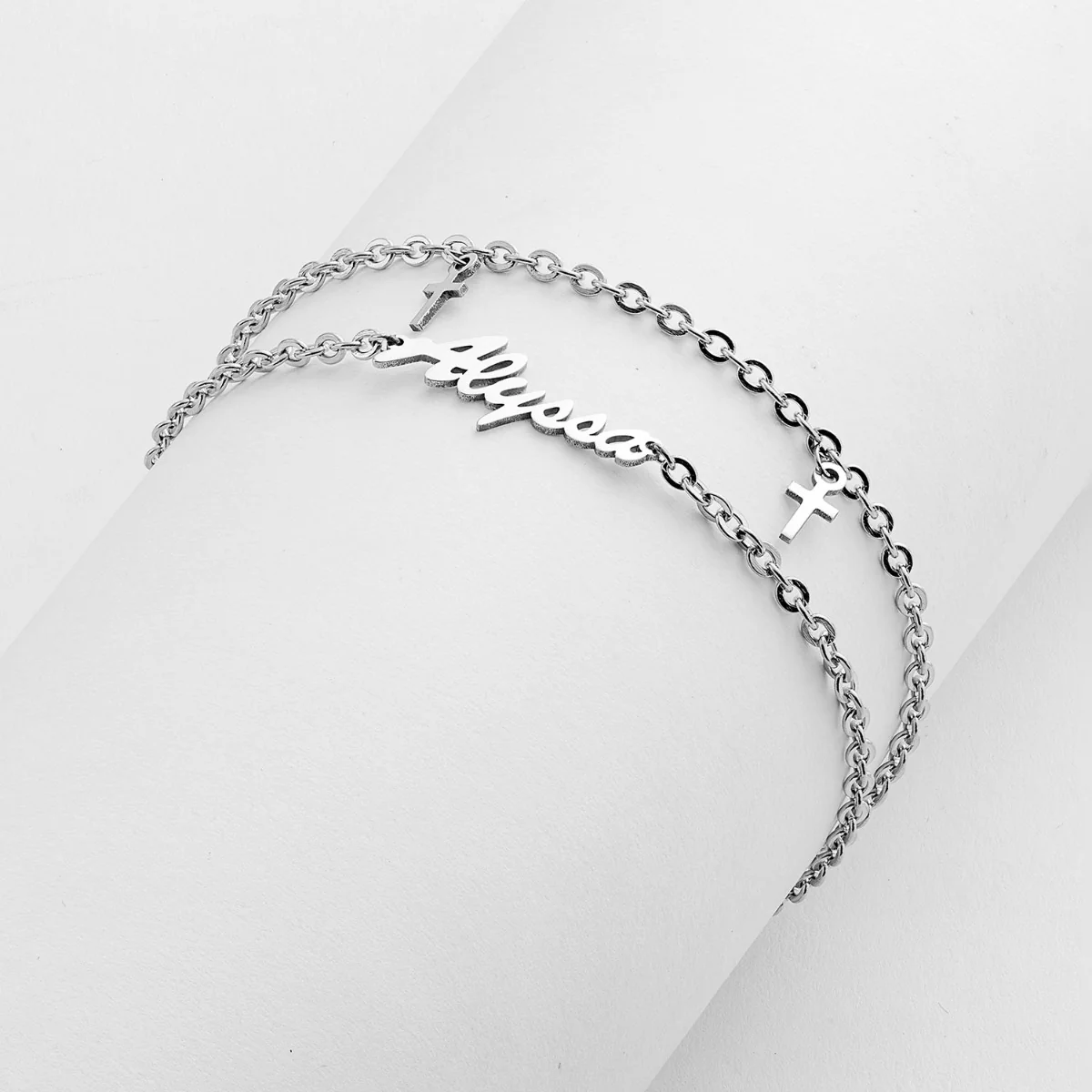Stainless Steel Double Chain Cross Charm and Name Anklet - Image 2