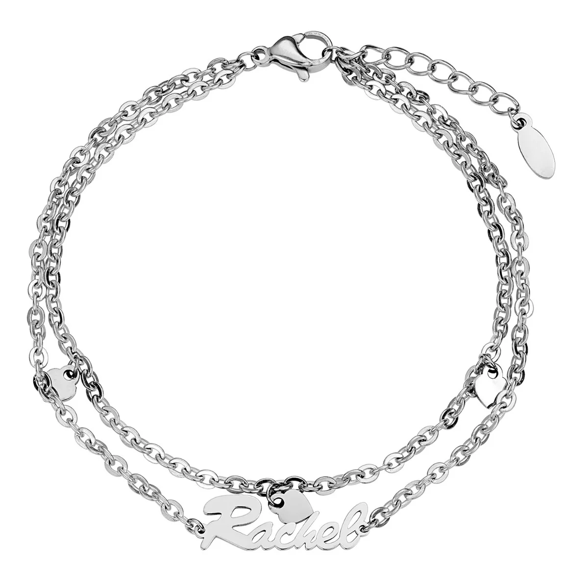 Stainless Steel Double Chain Heart Charm and Name Anklet - Image 2