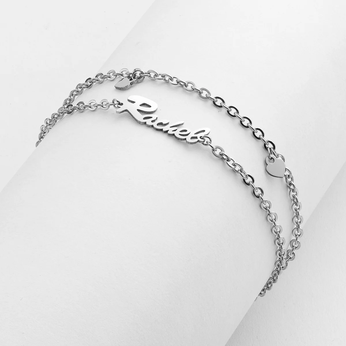 Stainless Steel Double Chain Heart Charm and Name Bracelet - Image 2
