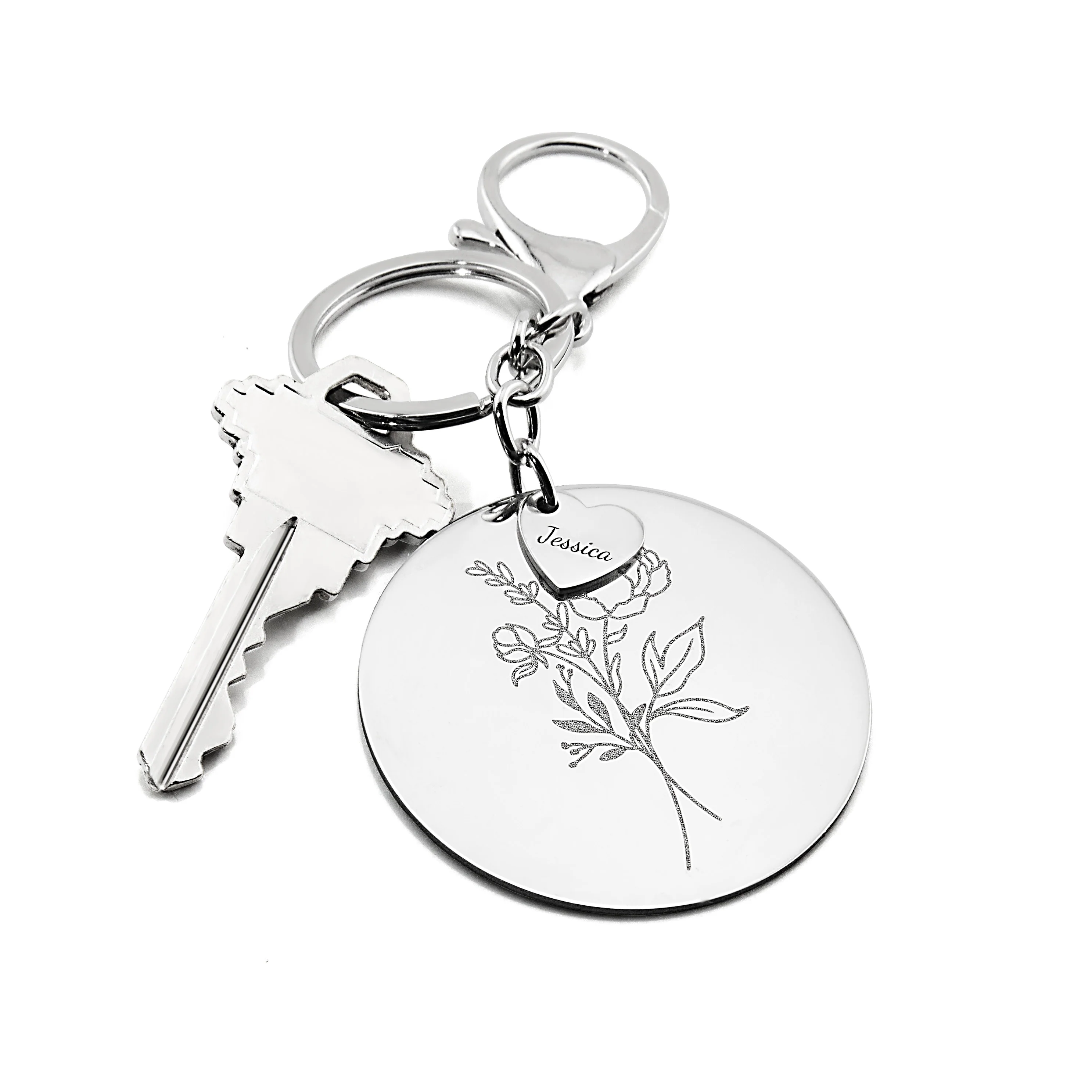 Stainless Steel Engraved Heart Charm and Flower Disc Keychain - Image 3