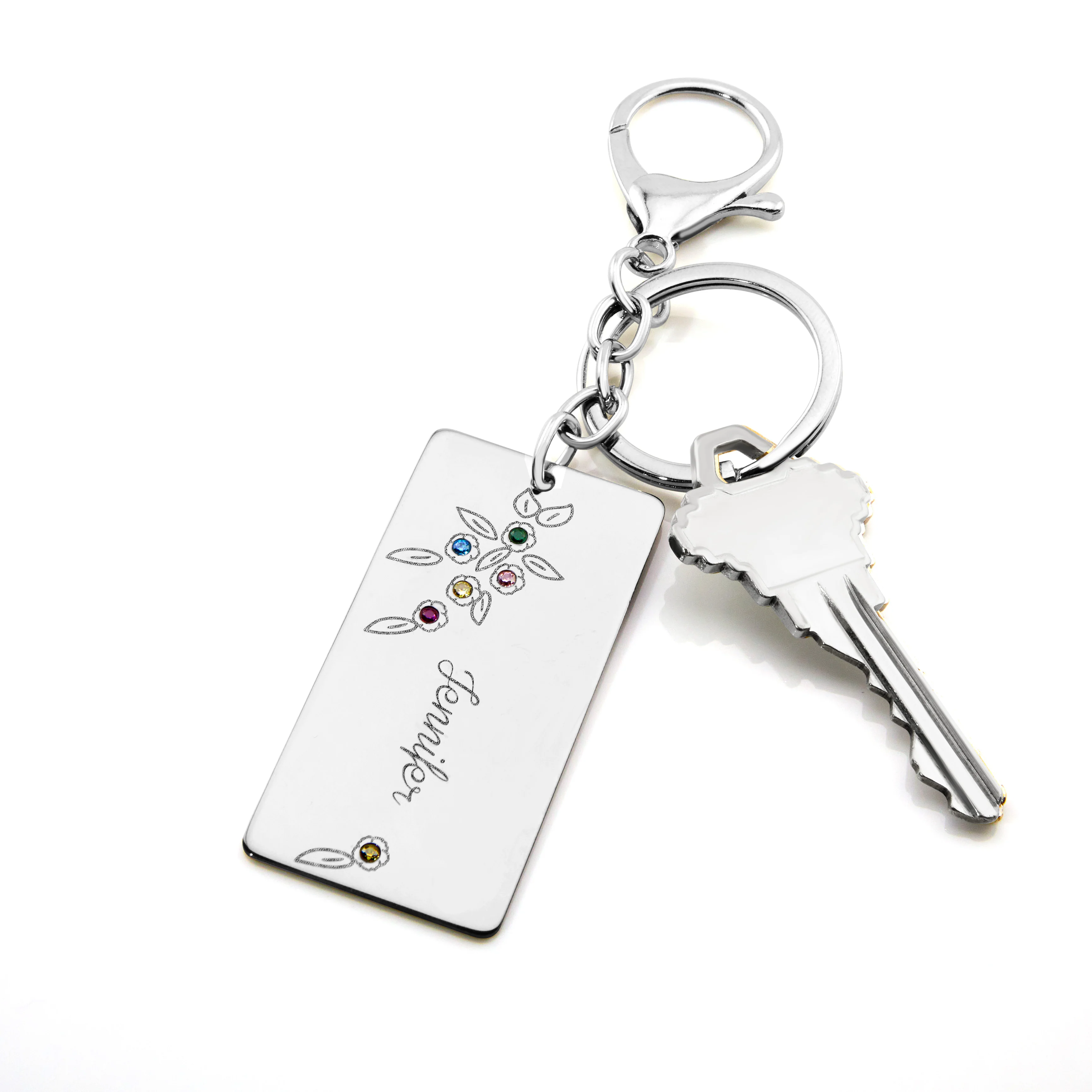 Stainless Steel Engraved Name and Birthstone Flowers Keychain - Image 3