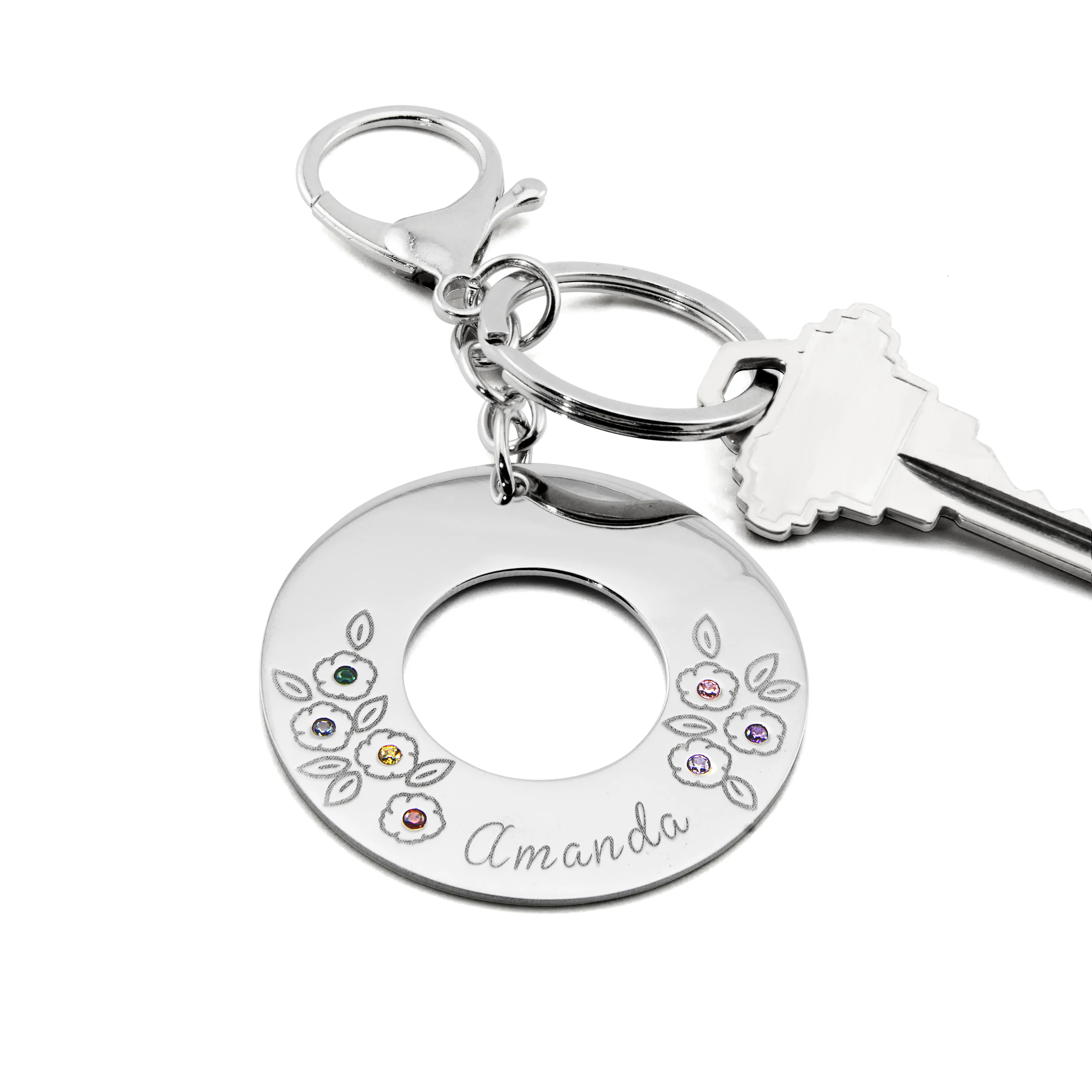 Stainless Steel Engraved Name and Birthstone Flowers Open Circle Keychain - Image 3