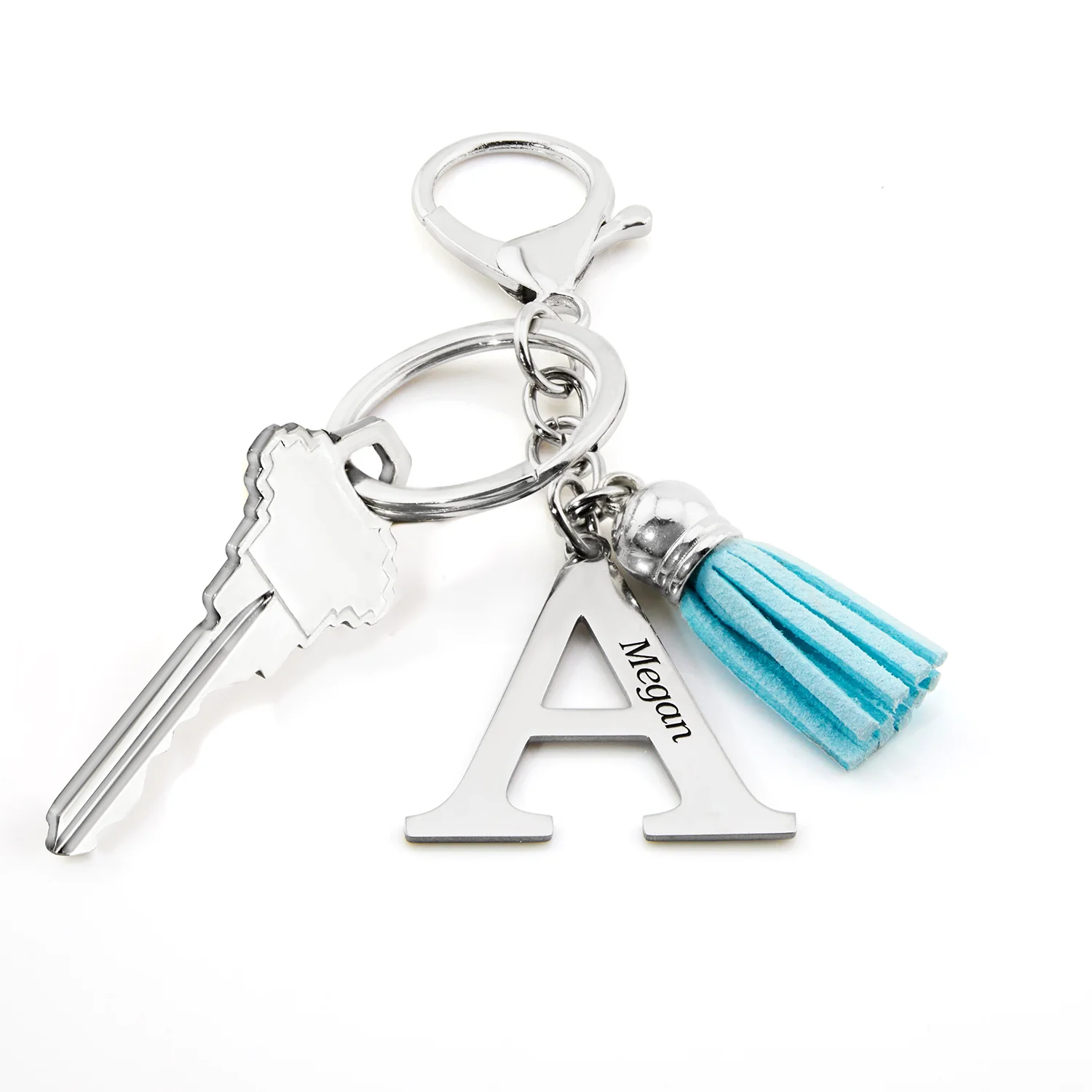 Stainless Steel Initial with Engraved Name and Tassle Keychain - Image 3