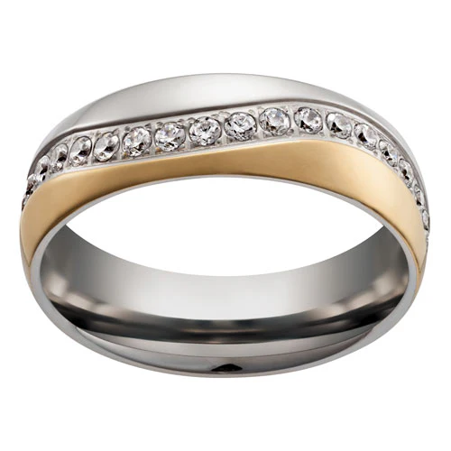 Stainless Steel Ladies Two-Tone CZ Wave Wedding Ring