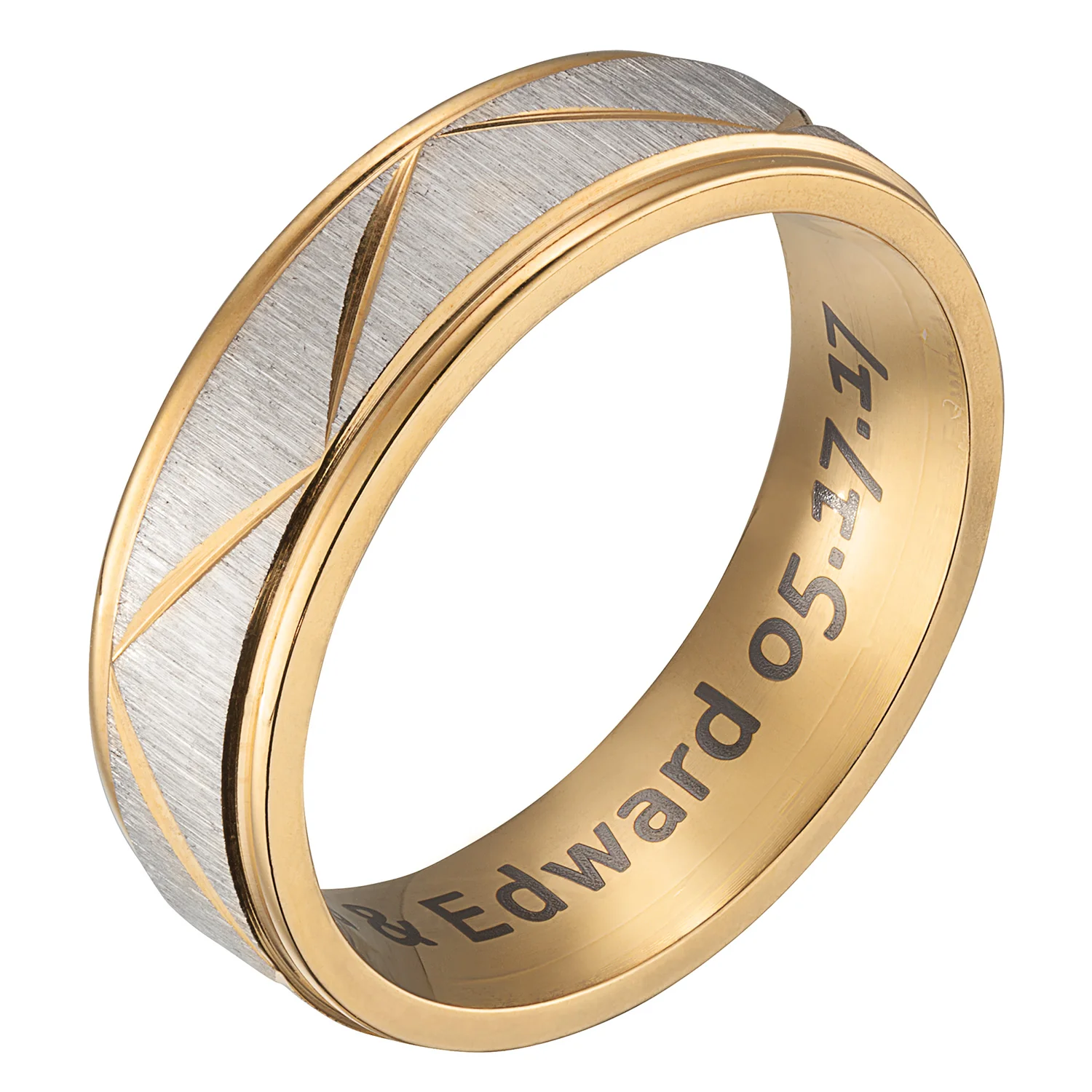 Stainless Steel Men's Engraved Diamond-cut Wedding Band - Image 2