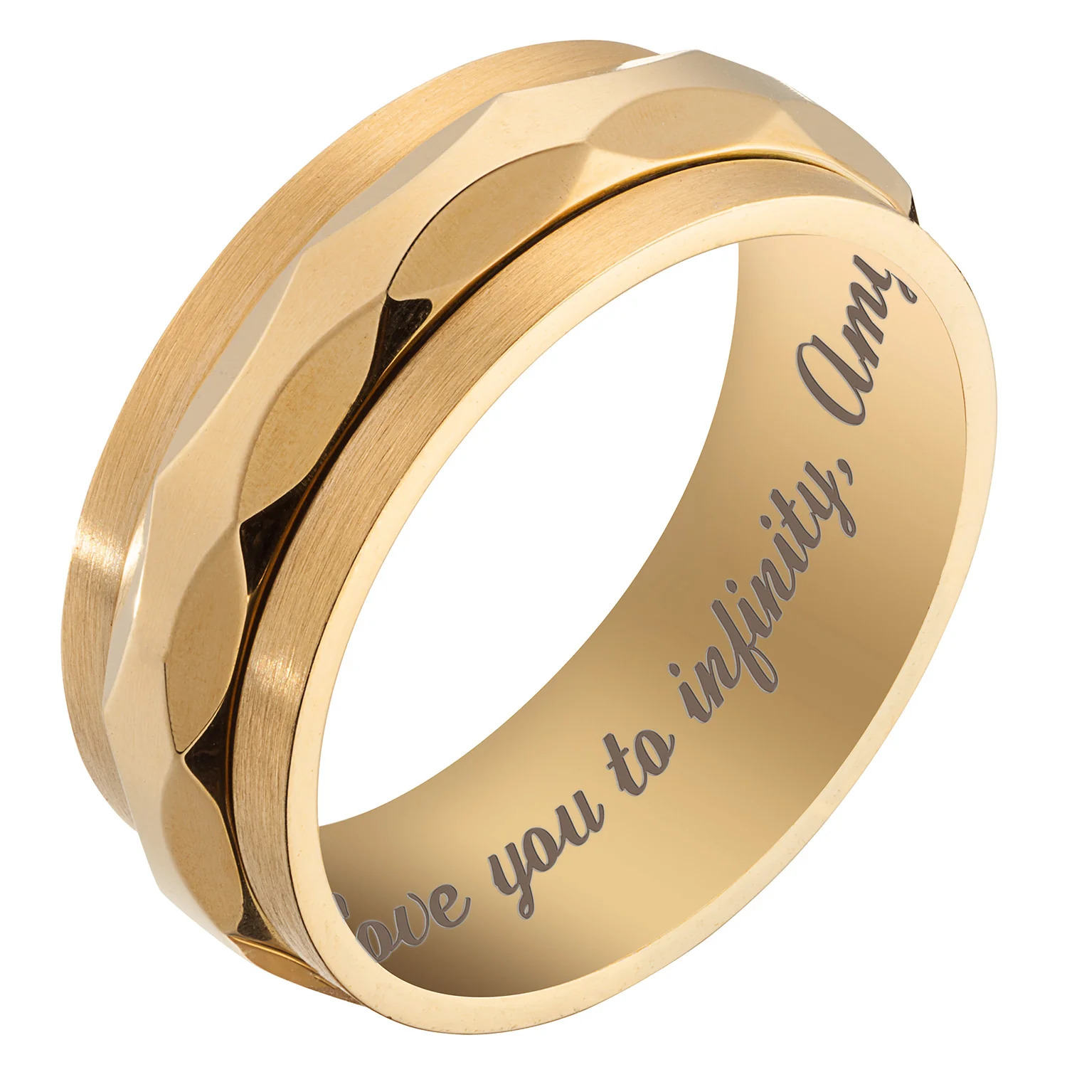 Stainless Steel Men's Engraved Gold Faceted Spinner Band - Image 2