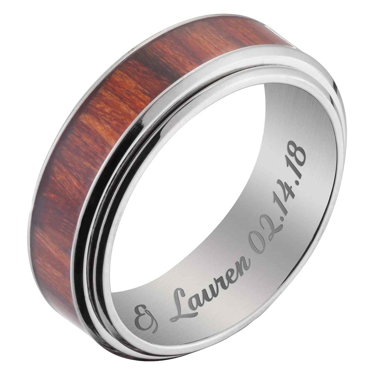Stainless Steel Men's Engraved Wood Spinner Band - Image 2