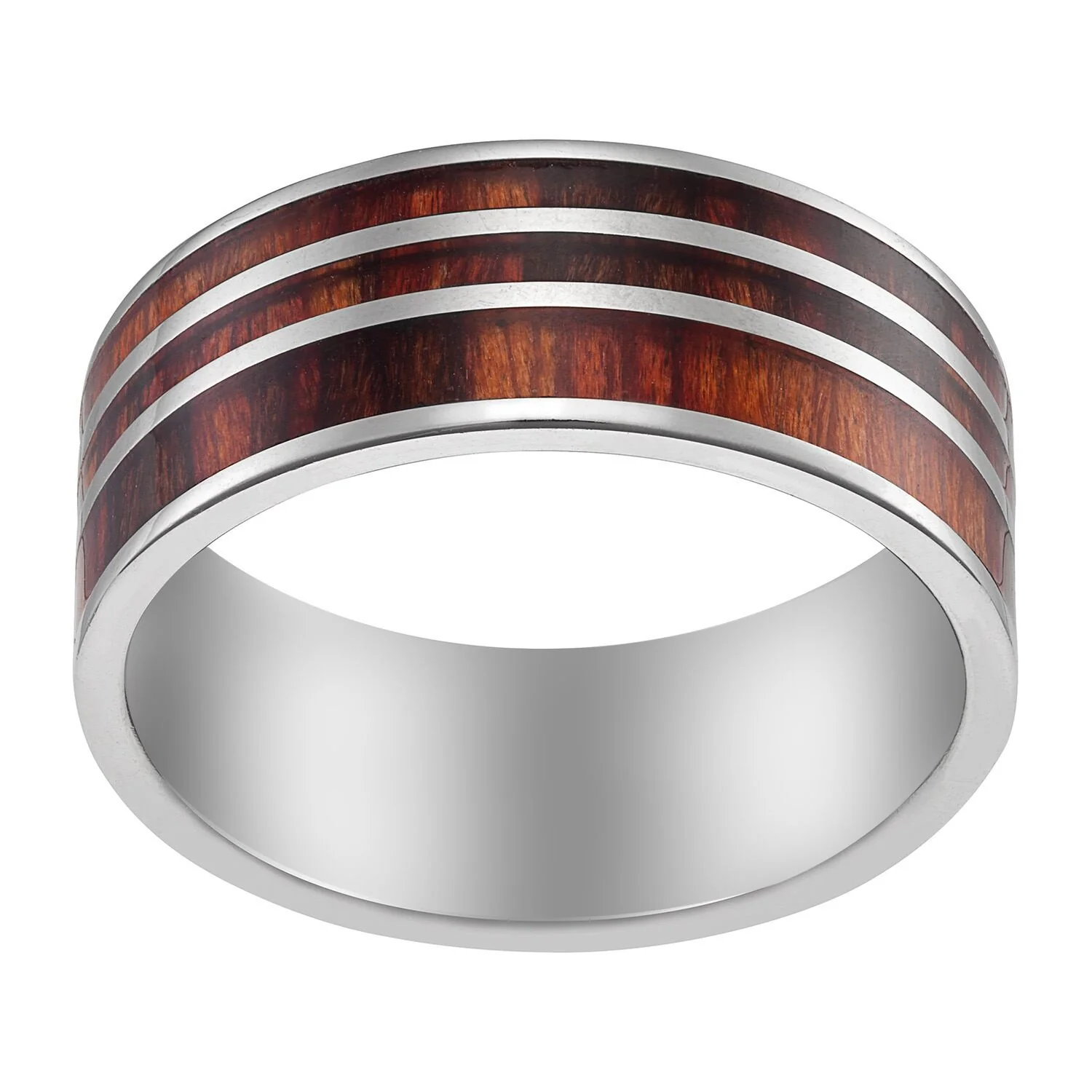 Men's Stainless Steel Triple Row Wood Inlay Band - 9mm