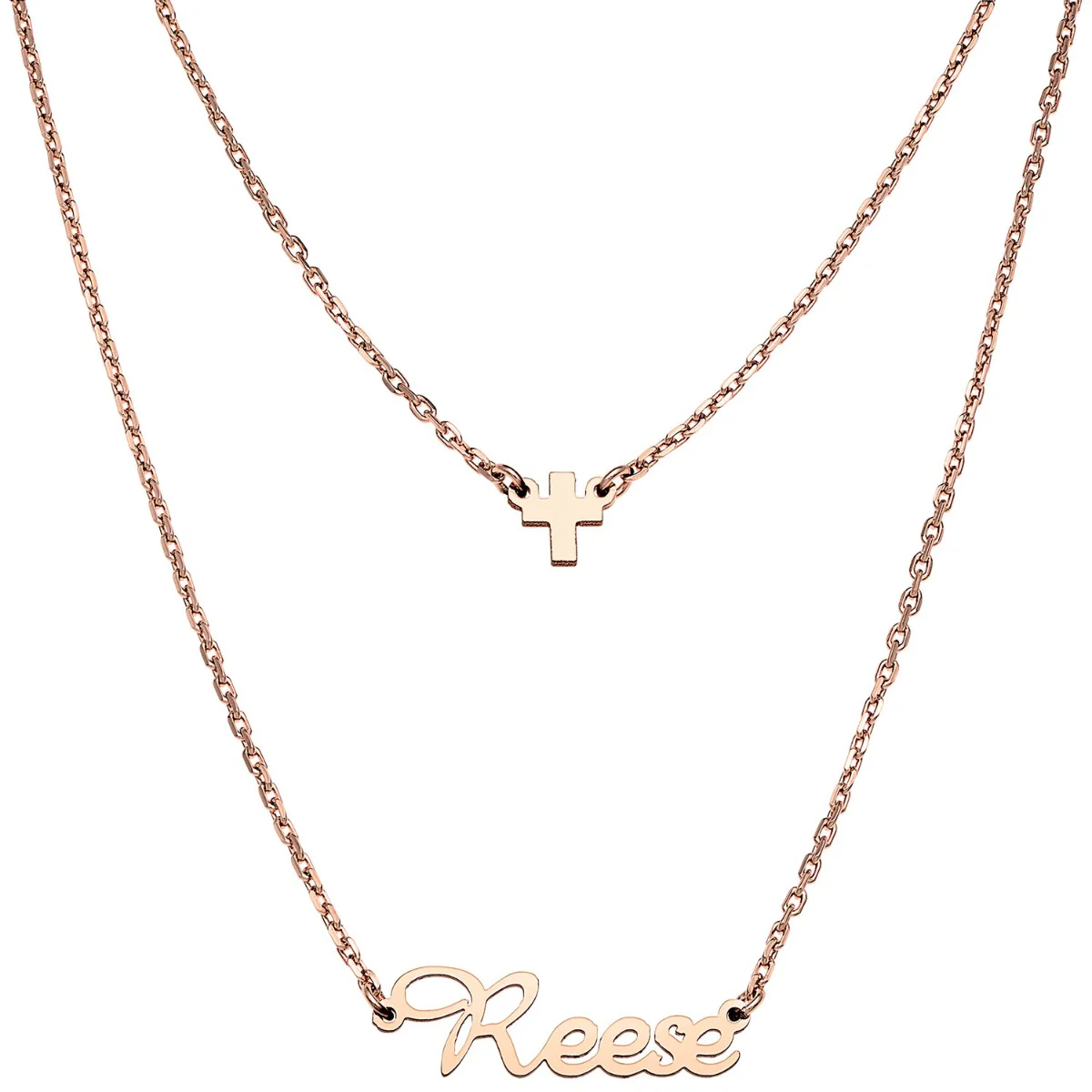 Stainless Steel Mini Name and Cross Layered Double Necklace - Image 6
