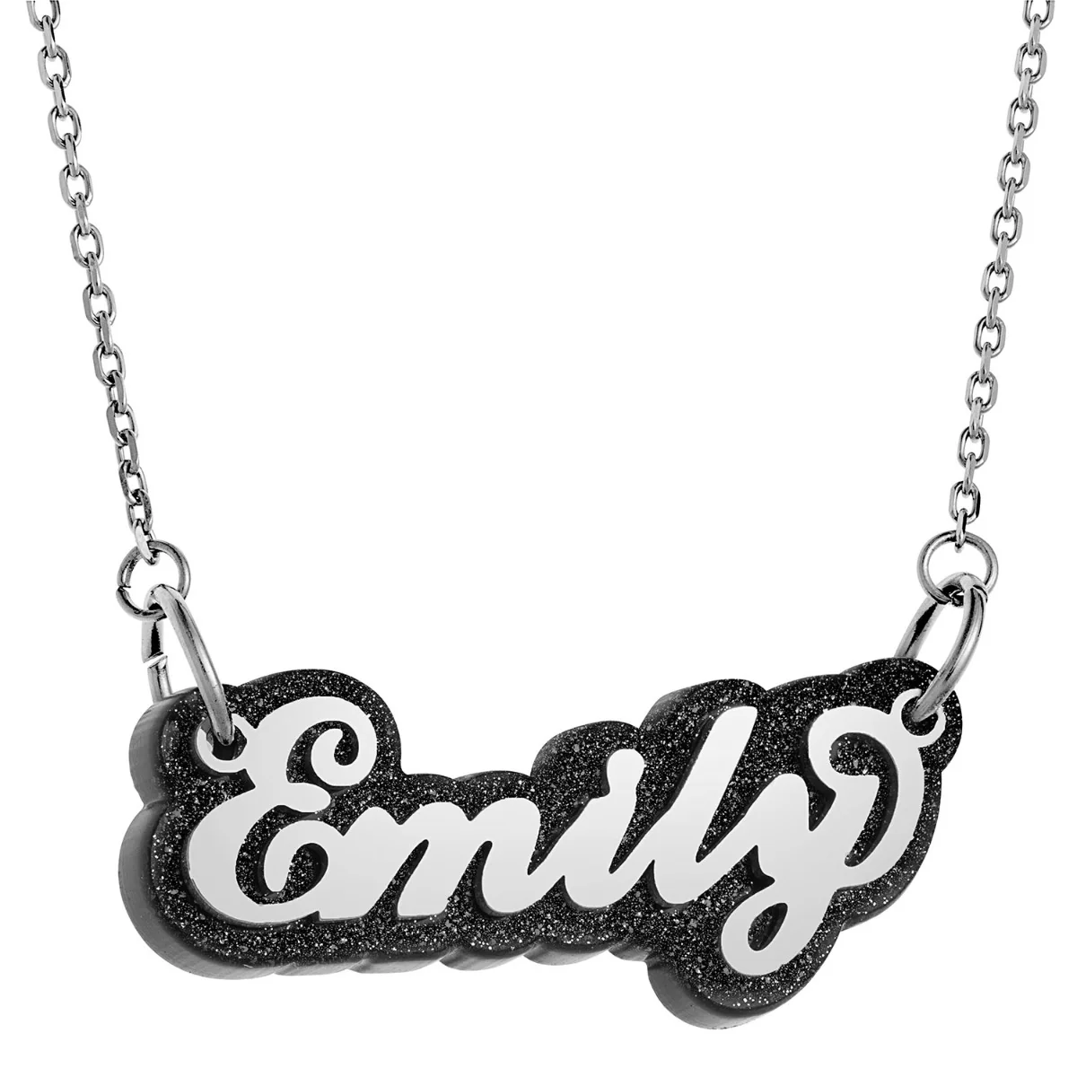 Stainless Steel Name On Glittery Black Plaque Necklace - Image 3